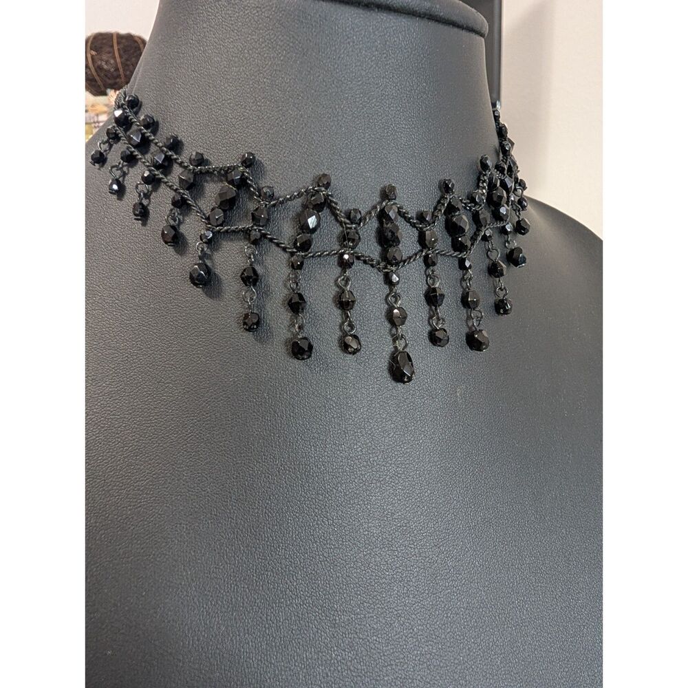 Gothic Black Beaded Fringe Choker Necklace Victorian Bib